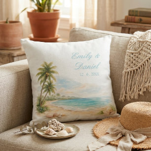 Aesthetic Watercolor Tropical Beach Wedding Names Cushion