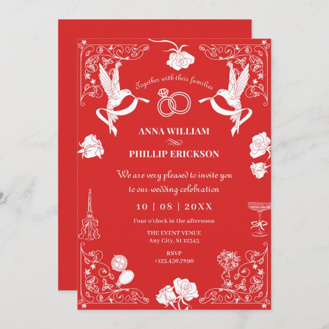 Aesthetic Wedding hand drawn floral party  Invitation (Front/Back)