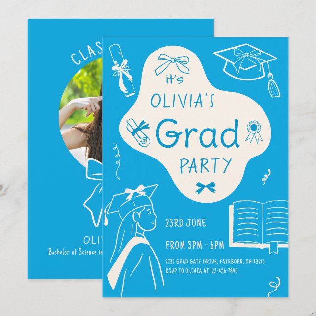 Aesthetic Whimsical Hand Drawn Graduation Party  Invitation (Front/Back)