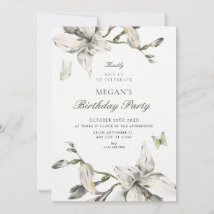 Aesthetic white grey flower bloom birthday invitation