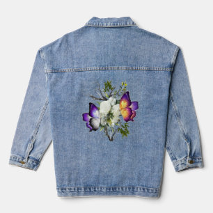 Aesthetic White Rose & Butterfly Graphic Denim Jac Jacket