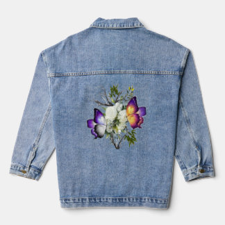 Aesthetic White Rose & Butterfly Graphic Denim Jac Jacket