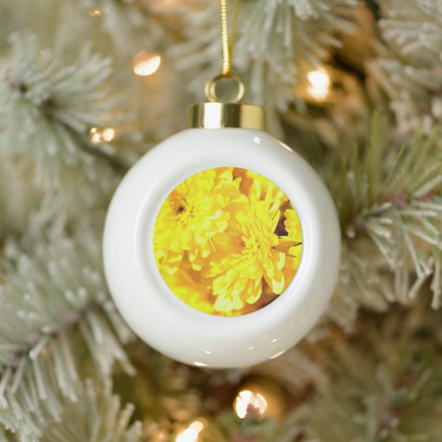 Aesthetic Yellow Mums Flower Ceramic Ball Christmas Ornament (Tree)