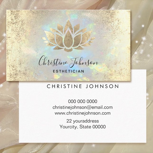 aesthetician faux gold foil lotus on opal business card (Creator Uploaded)