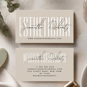 Aesthetician modern typography script beige business card
