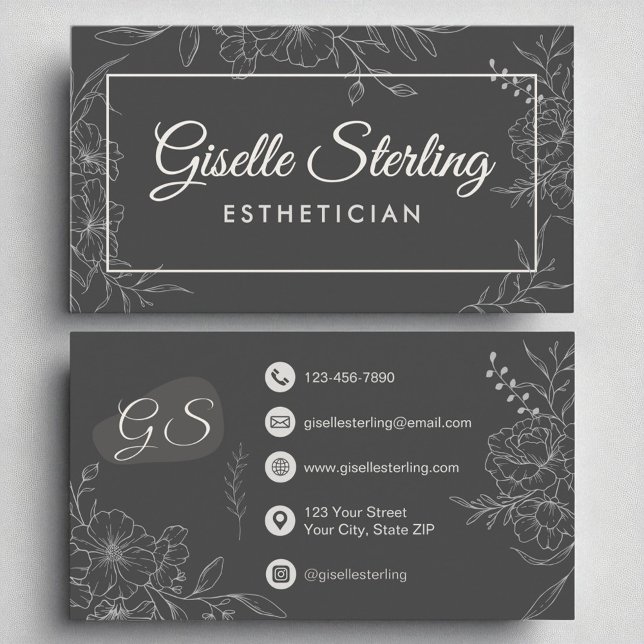 Aesthetician Moody Charcoal Grey Floral Modern Business Card (Creator Uploaded)