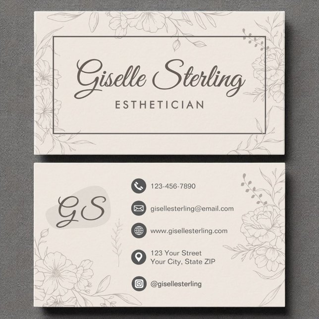 Aesthetician Neutral Ivory Floral Elegant Script Business Card (Creator Uploaded)