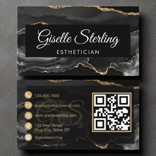 Aesthetician QR Code Black Gold Agate Luxury Business Card