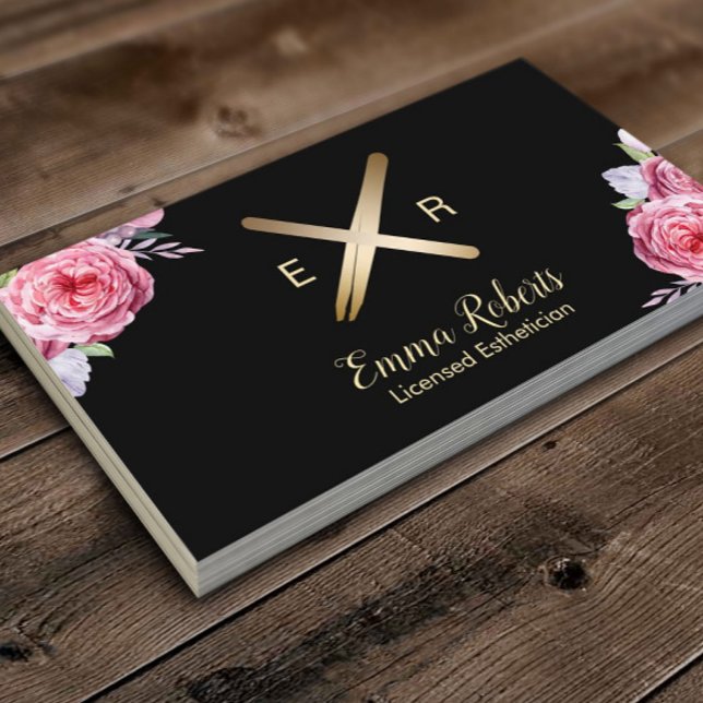 Aesthetician Wax Stick & Tweezer Logo Pink Floral Business Card (Creator Uploaded)