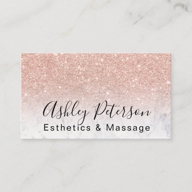 Aesthetics massage script marble rose gold glitter business card (Front)