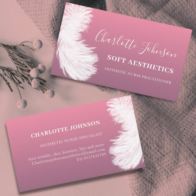 Aesthetics Skincare Modern Pink Feather Business Card (Modern Stylish nurse aesthetics skincare pink Business card)