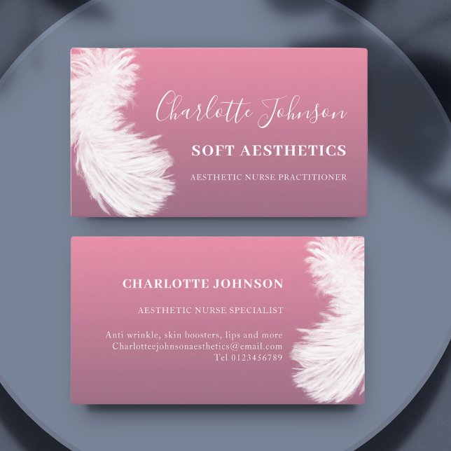 Aesthetics Skincare Modern Pink Feather Business Card (Aesthetic nurse practitioner feather pink business card )