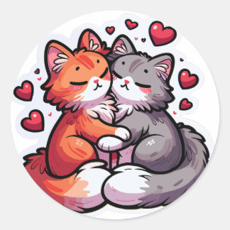 Affectionate Cats with Hearts Classic Round Sticker