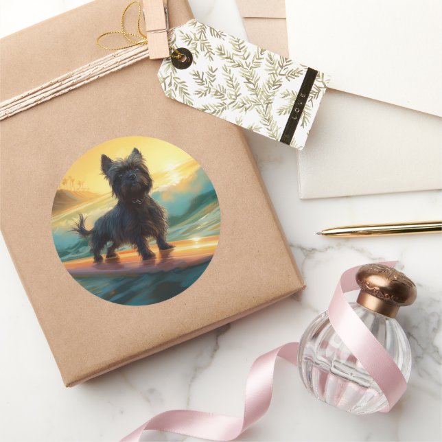 Affenpinscher Beach Surfing Painting Classic Round Sticker (Gifting)