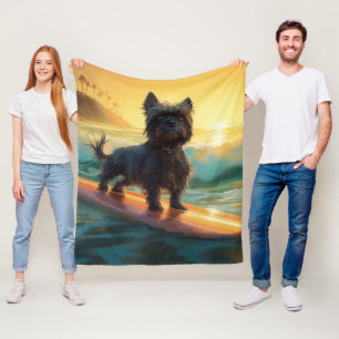Affenpinscher Beach Surfing Painting Fleece Blanket