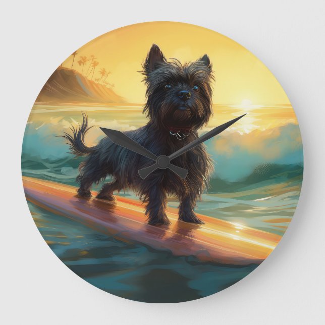 Affenpinscher Beach Surfing Painting Large Clock (Front)