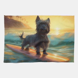 Affenpinscher Beach Surfing Painting Tea Towel
