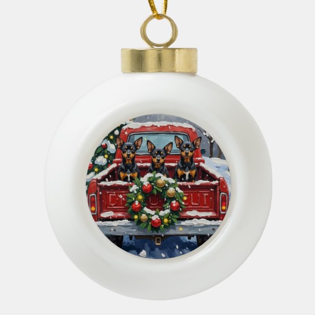 Affenpinscher Christmas Red Truck Holiday Ceramic Ball Christmas Ornament (Front)