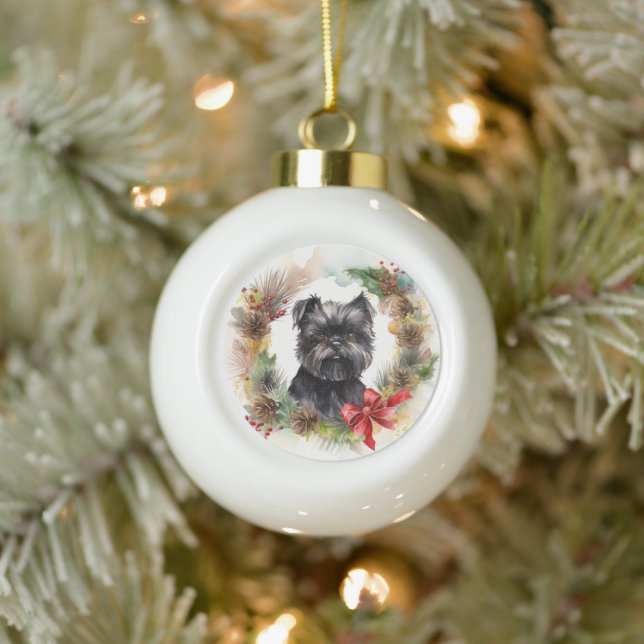 Affenpinscher Christmas Wreath Festive Pup Ceramic Ball Christmas Ornament (Tree)