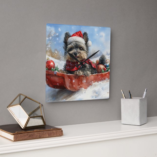 Affenpinscher Dog in Sledge Let it Snow Christmas Square Wall Clock (Office)
