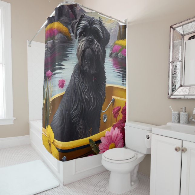 Affenpinscher Dog on a Paddle: A Scenic Adventure Shower Curtain (In Situ)