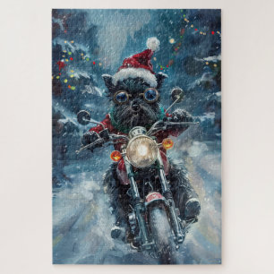 Affenpinscher Dog Riding Motorcycle Christmas Jigsaw Puzzle