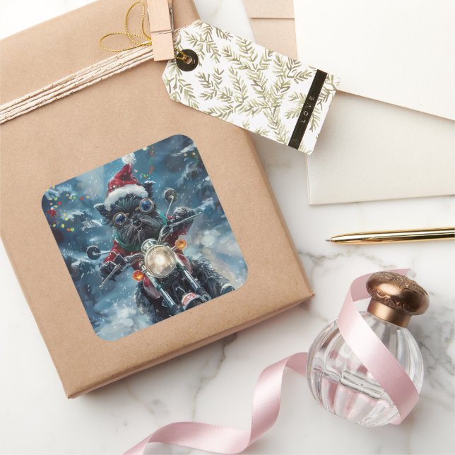 Affenpinscher Dog Riding Motorcycle Christmas Square Sticker (Gifting)