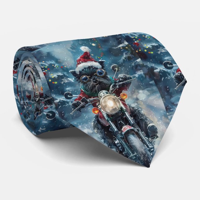 Affenpinscher Dog Riding Motorcycle Christmas Tie (Rolled)