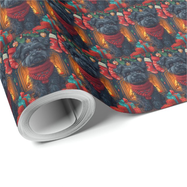 Affenpinscher Dog With Christmas Gifts Fireplace Wrapping Paper (Roll Corner)