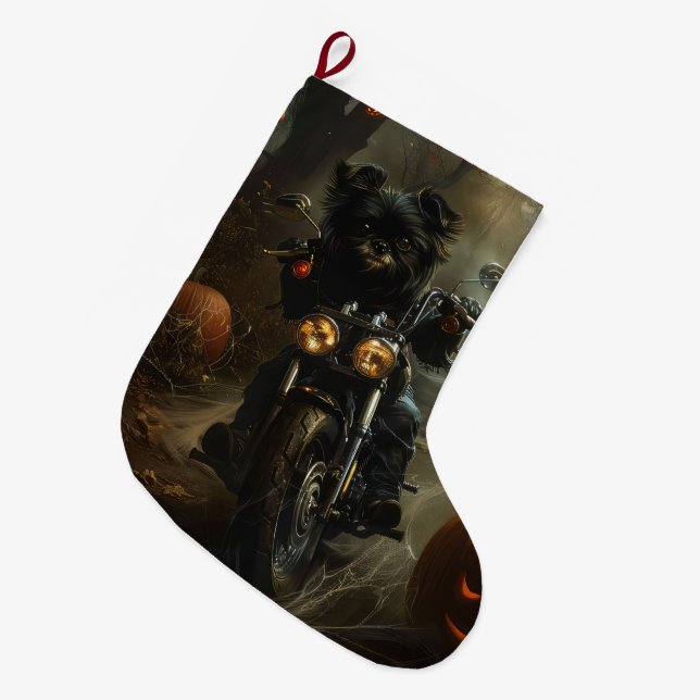 Affenpinscher Riding Motorcycle Halloween Scary  Large Christmas Stocking (Front (Hanging))