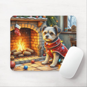Affenpinscher Sitting Fireplace Christmas Lights Mouse Pad