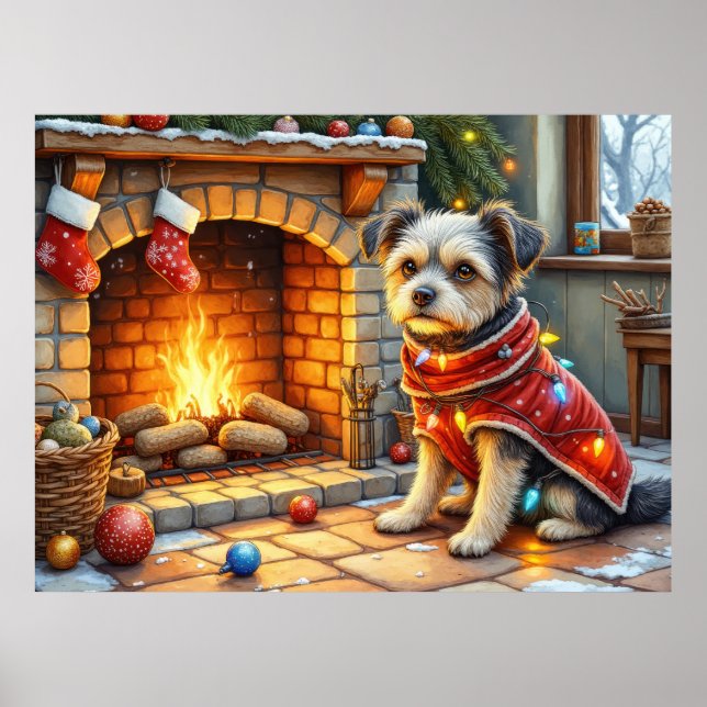 Affenpinscher Sitting Fireplace Christmas Lights Poster (Front)