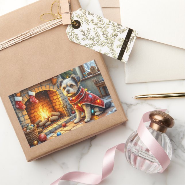 Affenpinscher Sitting Fireplace Christmas Lights Rectangular Sticker (Gifting)