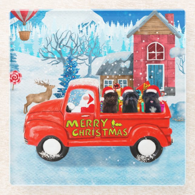 Affenpinschers Dog in Christmas Delivery Truck Glass Coaster (Front)