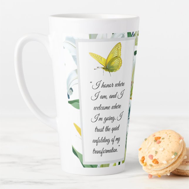Affirmation Latte Mug Yellow Butterfly White Lily  (In Situ)