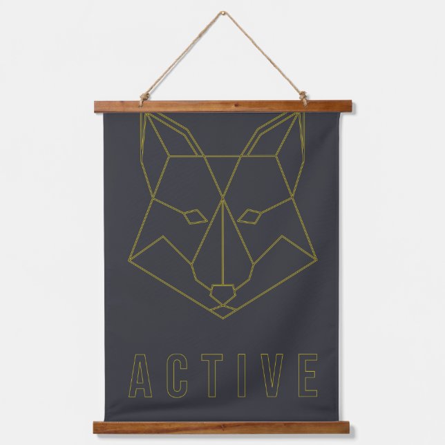Affirmation word active yellow origami fox hanging tapestry (Front)