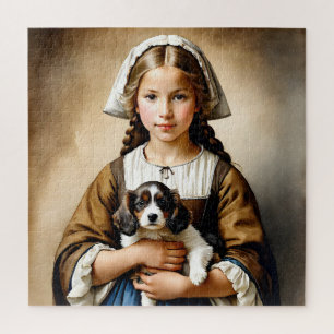 “Affluent Innocence” “Cornelia" Girl With Puppy Jigsaw Puzzle