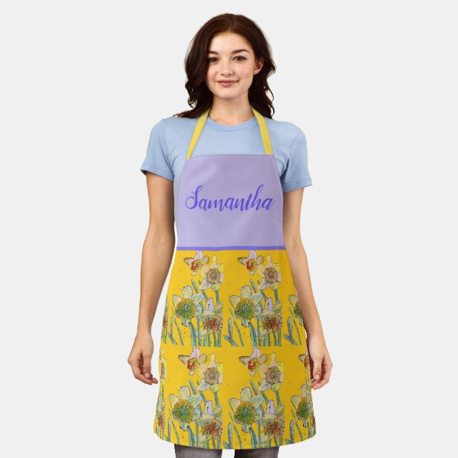 affodil Watercolor Flower Yellow Lilac Floral Apron (Worn)