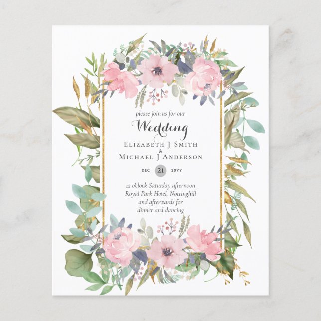 Affordable Budget Pink Blush Pink Floral Wedding Flyer (Front)