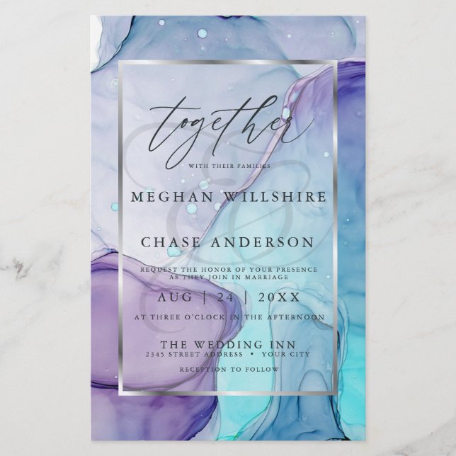 Affordable Wedding Chic Aqua Purple Abstract Ink (Front)