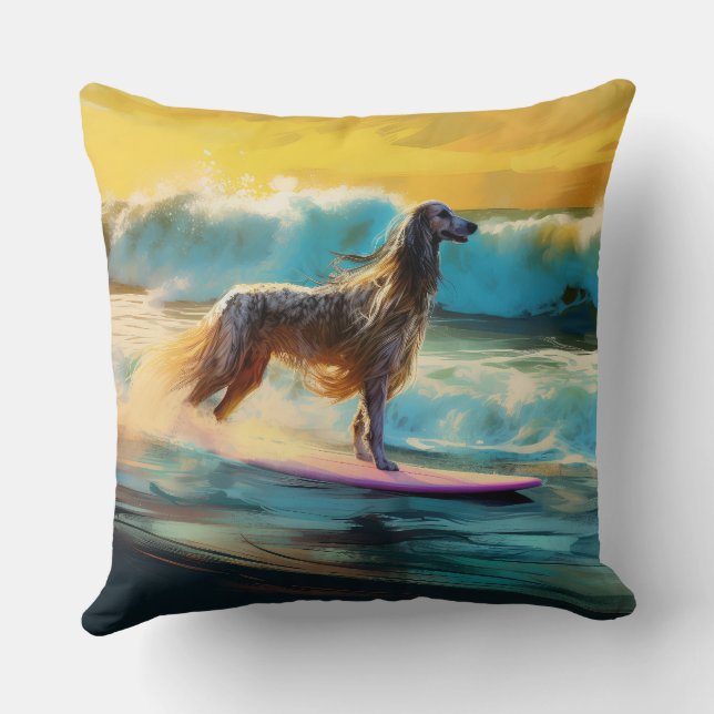 Afghan Hound Beach Surfing Painting  Cushion (Back)