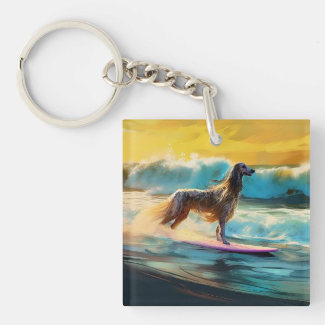 Afghan Hound Beach Surfing Painting  Key Ring (Front)