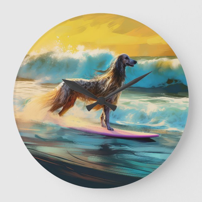 Afghan Hound Beach Surfing Painting  Large Clock (Front)