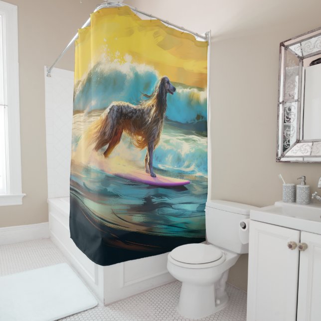 Afghan Hound Beach Surfing Painting  Shower Curtain (In Situ)