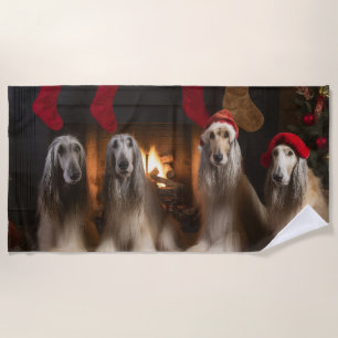 Afghan Hound by the Fireplace Christmas Beach Towel