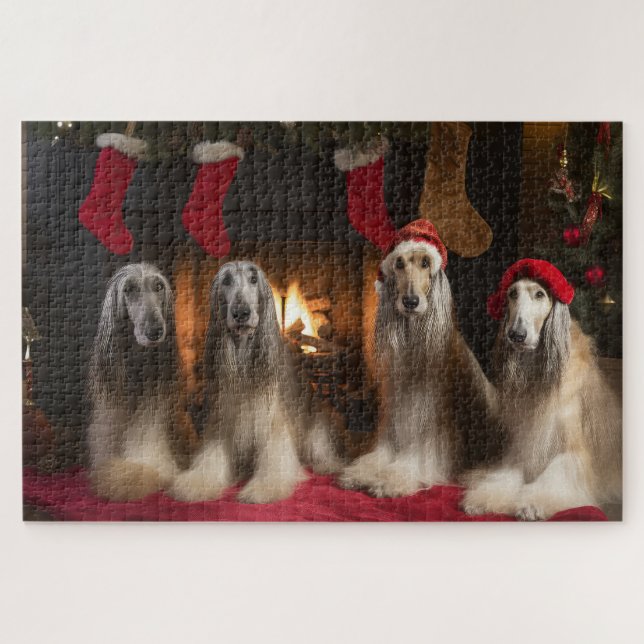 Afghan Hound by the Fireplace Christmas Jigsaw Puzzle (Horizontal)