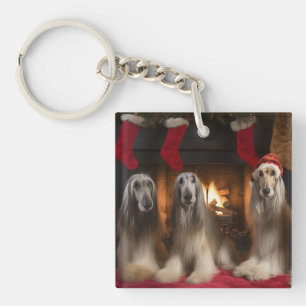 Afghan Hound by the Fireplace Christmas Key Ring