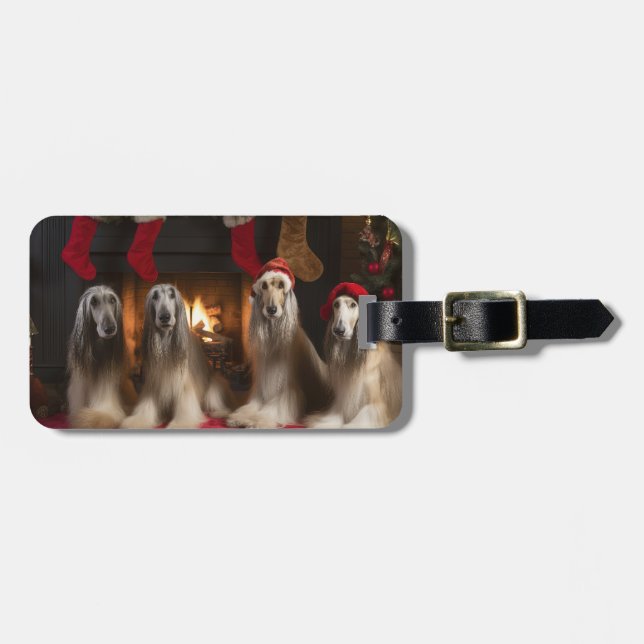 Afghan Hound by the Fireplace Christmas Luggage Tag (Front Horizontal)