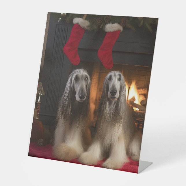 Afghan Hound by the Fireplace Christmas Pedestal Sign (Front)