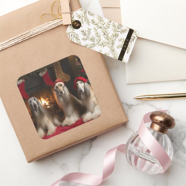 Afghan Hound by the Fireplace Christmas Square Sticker (Gifting)